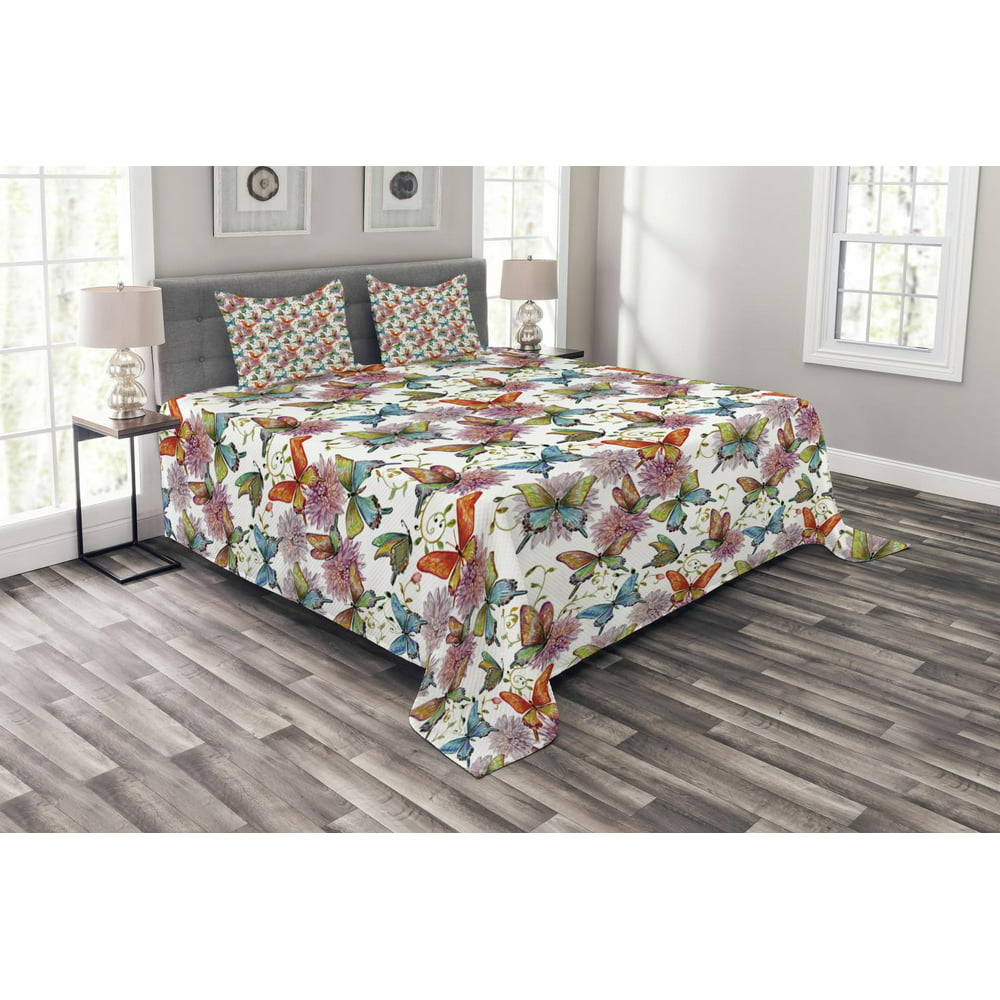Butterfly Bedspread Set Queen Size, Flying Butterflies with Floral ...