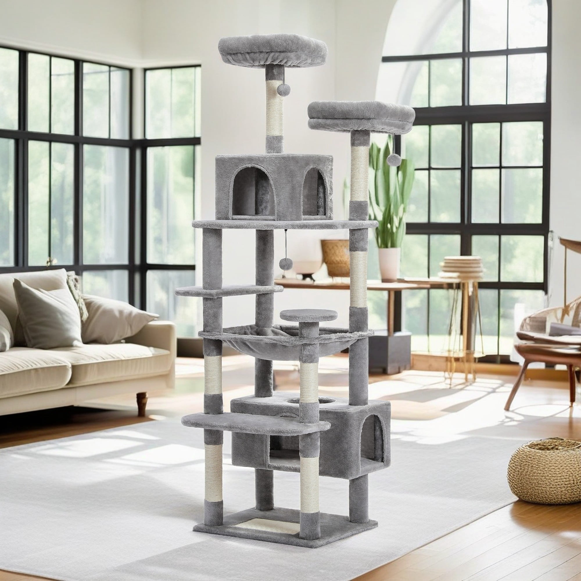 Pefilos 72" Large Cat Tree Tower with Sisal Scratching Post, Indoor Cat Condo for Big Cat Maine Coon, Gray