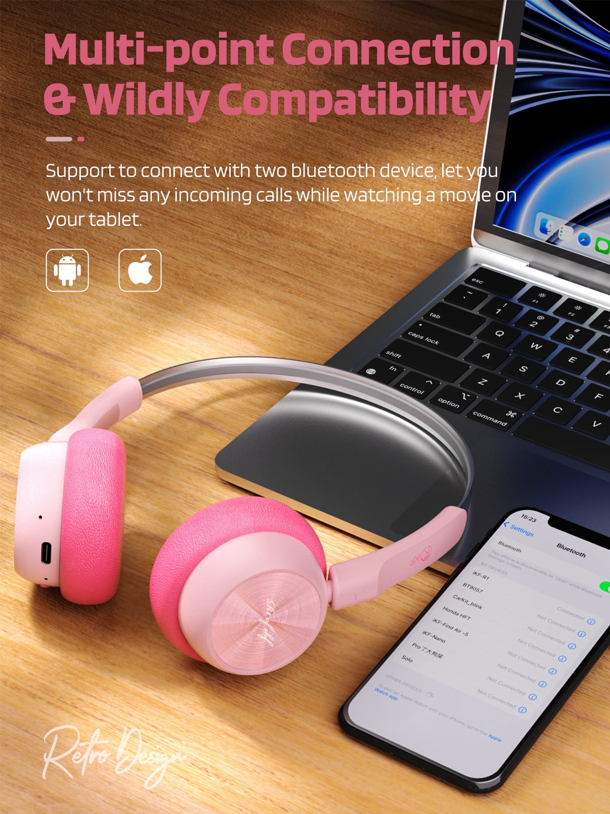 iKF R1 Wireless Retro Wireless Headphones Bluetooth 5.4 APP Custom Sound 60 Hours Playtime Game Mode Noise Isolation Built-in Microphone Throwback 80s 90s Design (Pink)