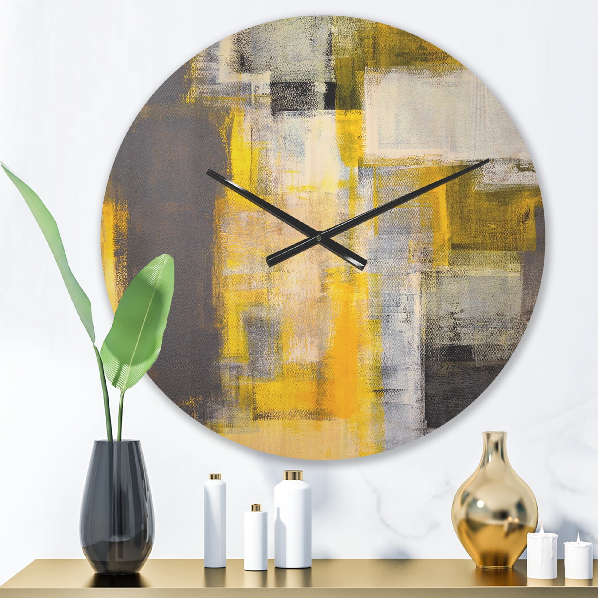 Designart 'Yellow and Grey Abstract ' Modern Wood Wall Clock