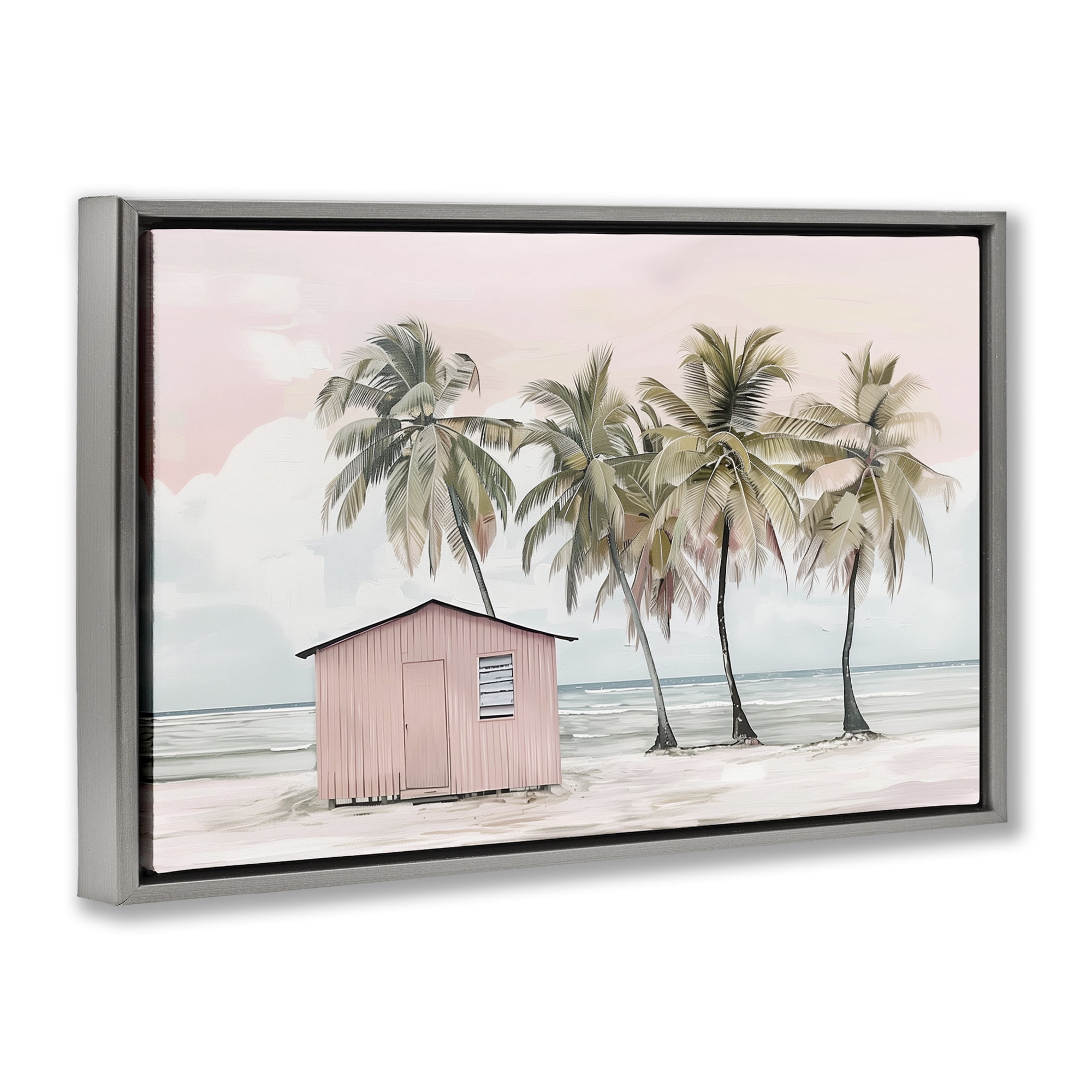 Stupell Industries Pink Beach Hut & Palms Nautical & Beach Painting Gray Floater Framed Canvas Art Print Wall Art, 31 x 21