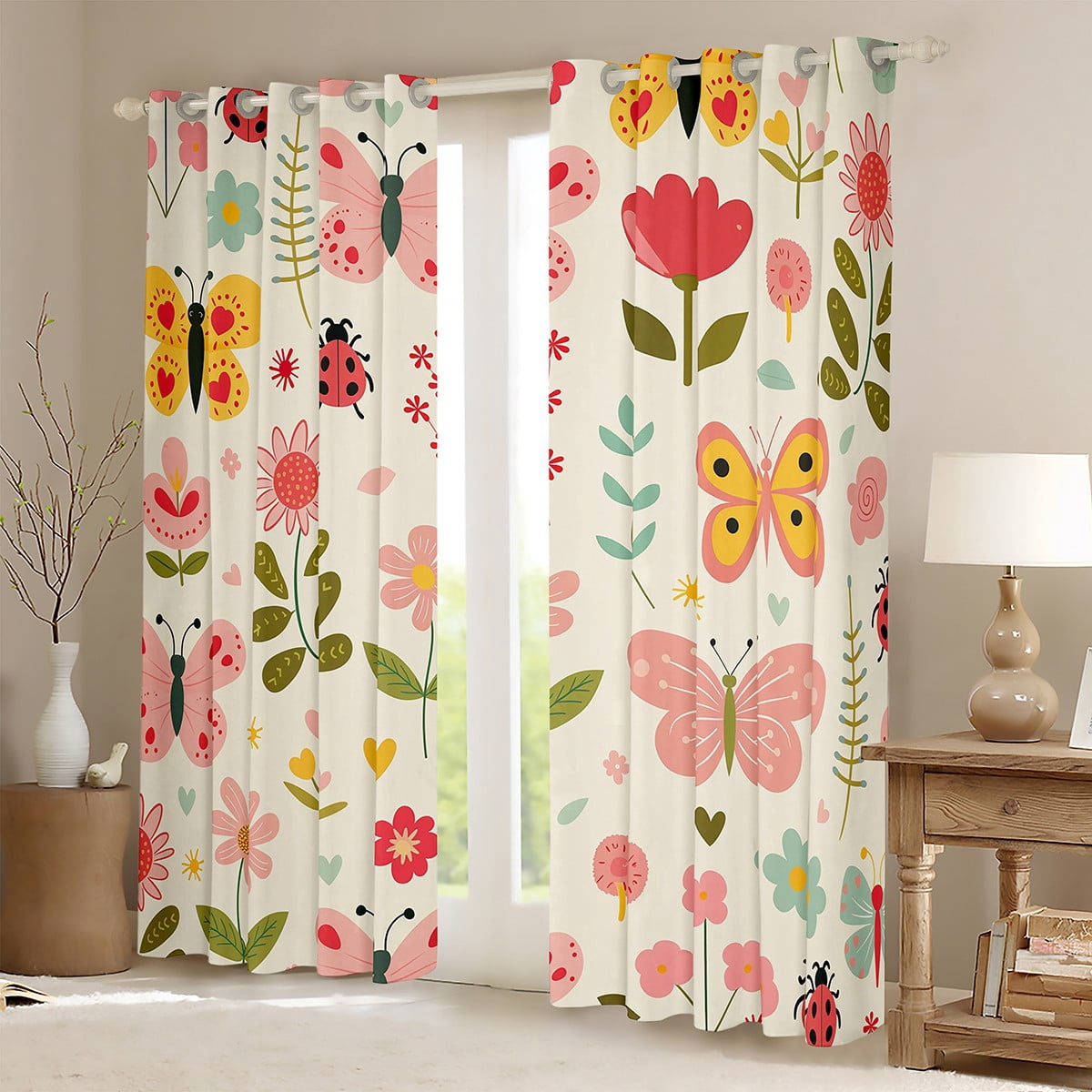 Manfei Chic Butterfly Curtains Pack of 2 (42x84 Each) for Kids Girls, Groovy Floral Curtains Blackout, Cartoon Wildlife Animal Bedroom Curtains, Luxurious Room Decor