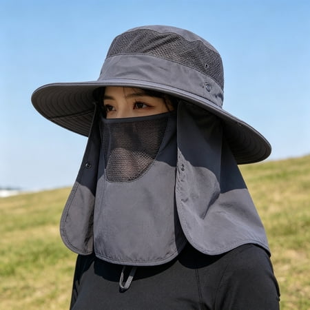 Men s Full Protection Sun Hat - Wide Brim Boonie Hat with Removable Face Mask & Neck Flap | Breathable Mesh Cap for Hiking Fishing Camping Gardening | UPF 50+ Adjustable