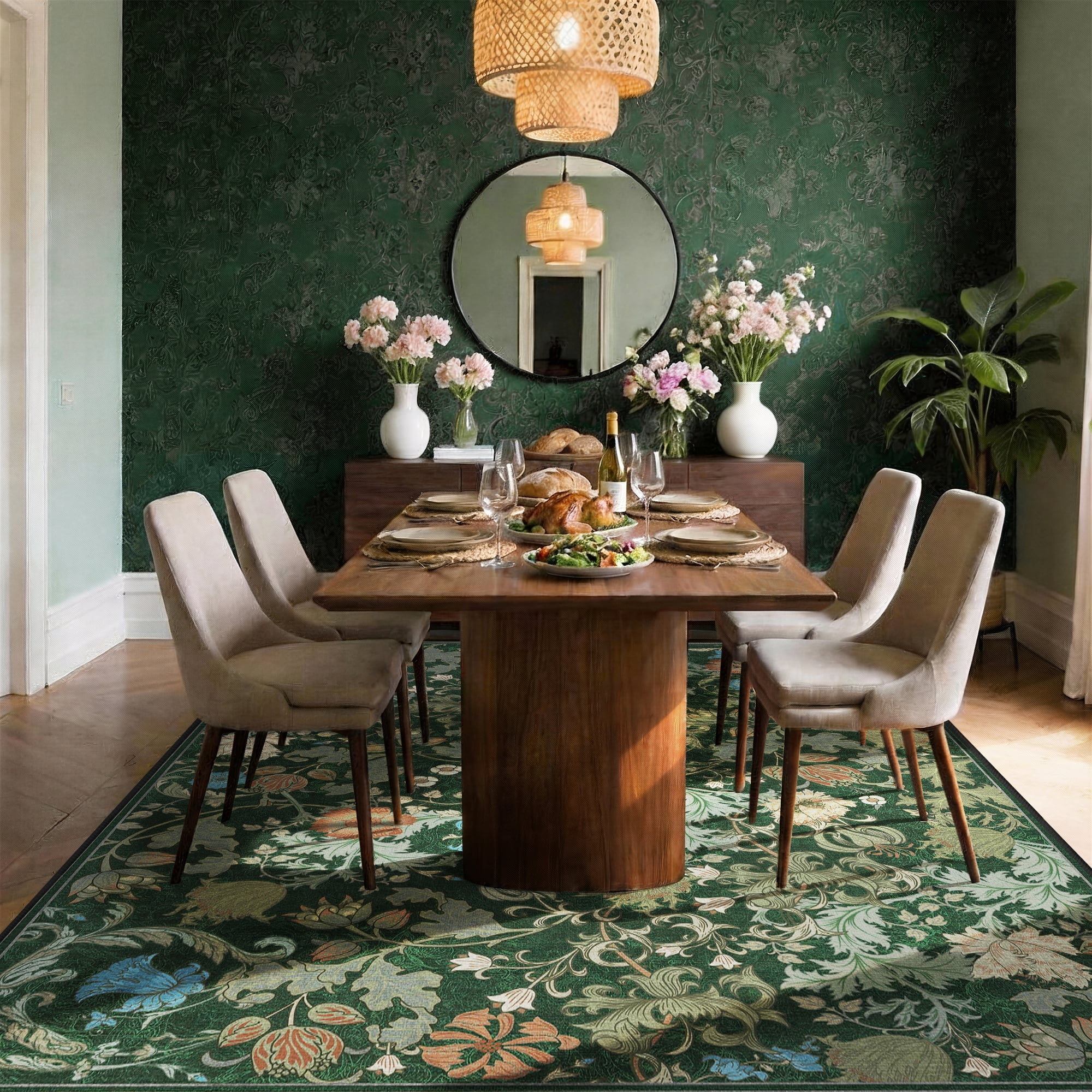 ATHOPE Floral 6x9 Area Rug, Machine Washable Rugs Soft Non Slip Low Pile Rugs for Living Room Bedroom Nursery Kitchen Dining Room Indoor, Large Floral Print Pattern Carpet, Forest Green