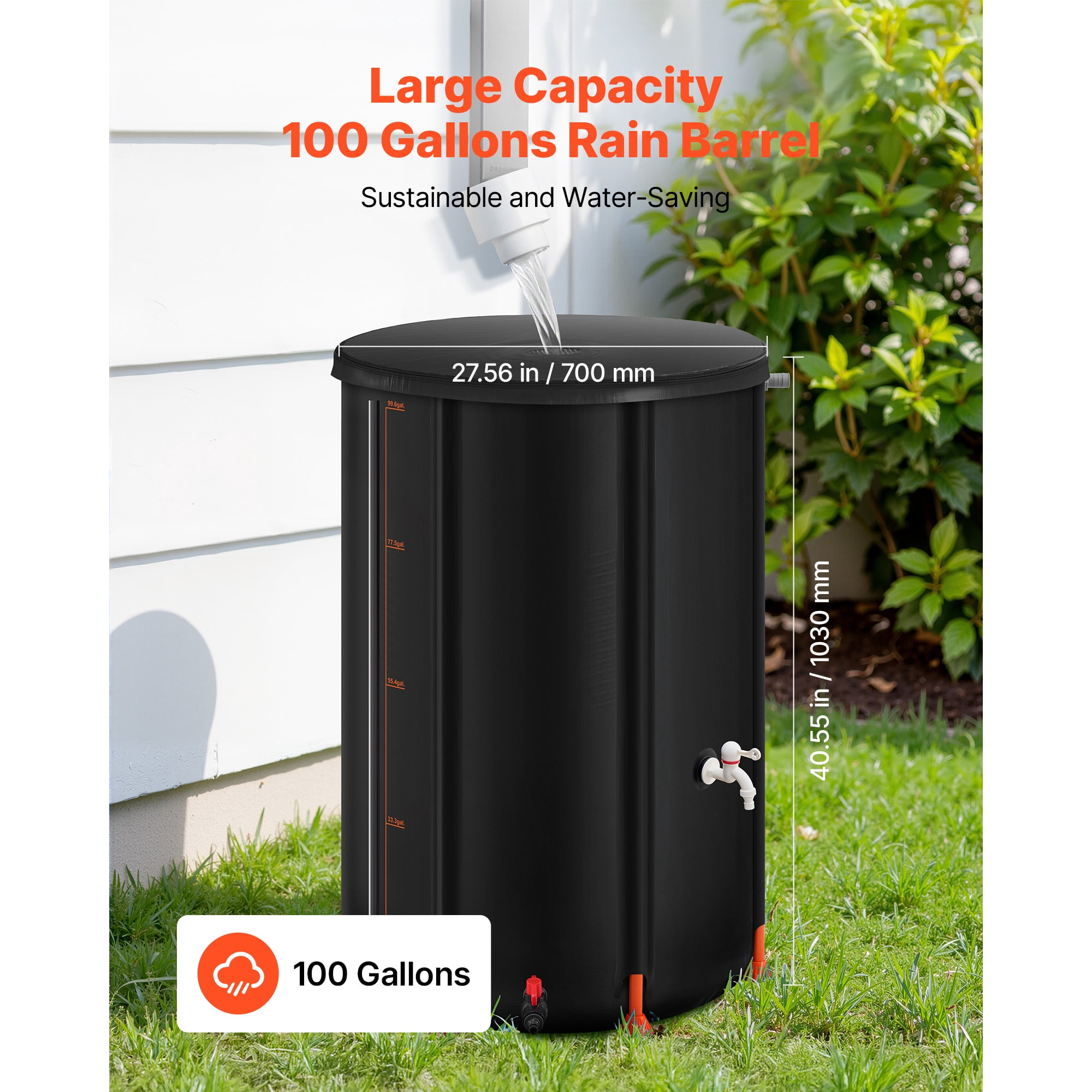 KFFKFF Collapsible Rain Barrel, 100 Gallon Portable Rainwater Collection System, Durable 1000D PVC Water Storage Tank with Spigot & Overflow Kit, Black