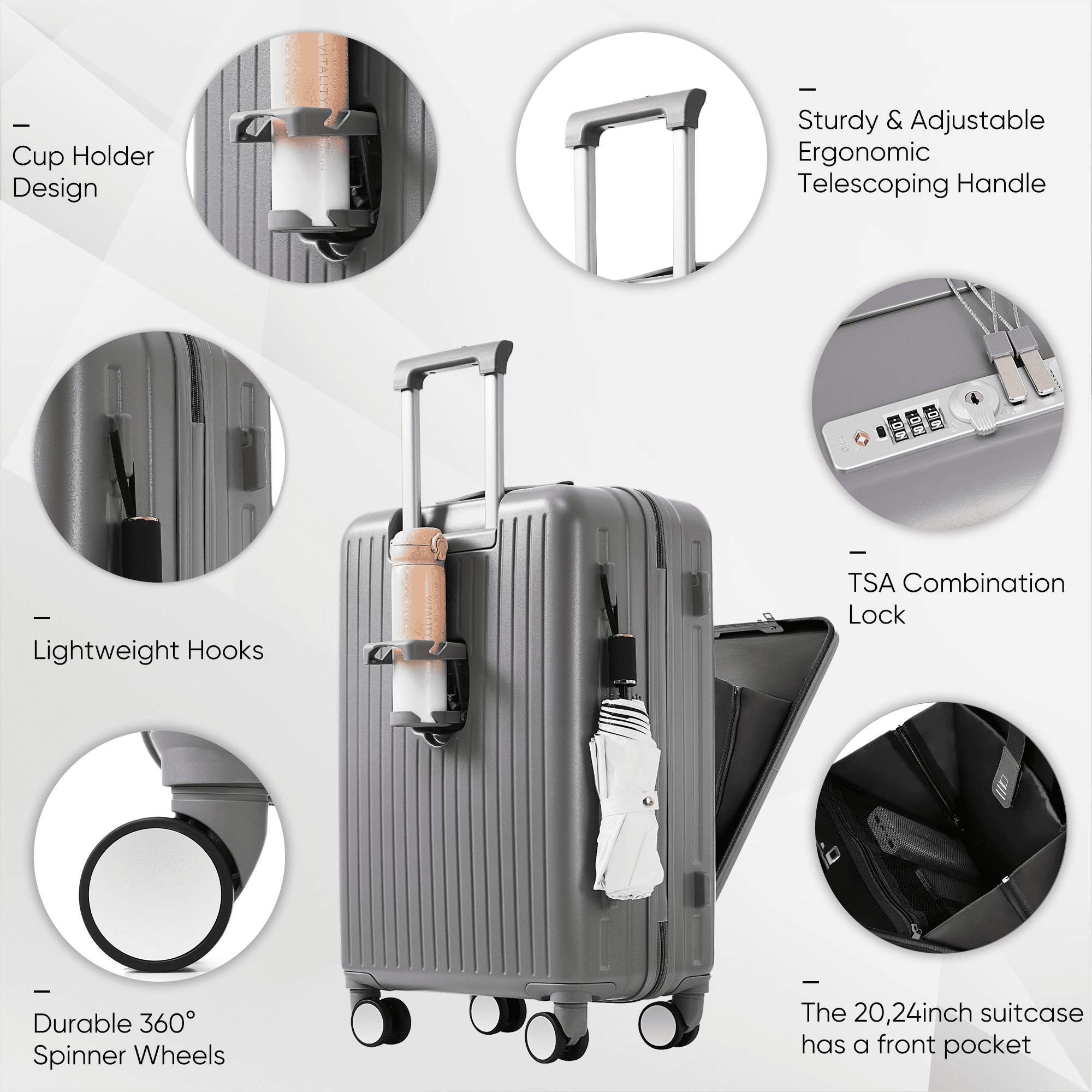 Euroco 4 Piece Luggage Sets,20" Carry-On Luggage with Front-Opening & Cup Holder,20/28inch Suitcase Set with USB Port,TSA Lock, Spinner Wheels,Travel Duffel Bag & Dry Toiletry Bag,Grey