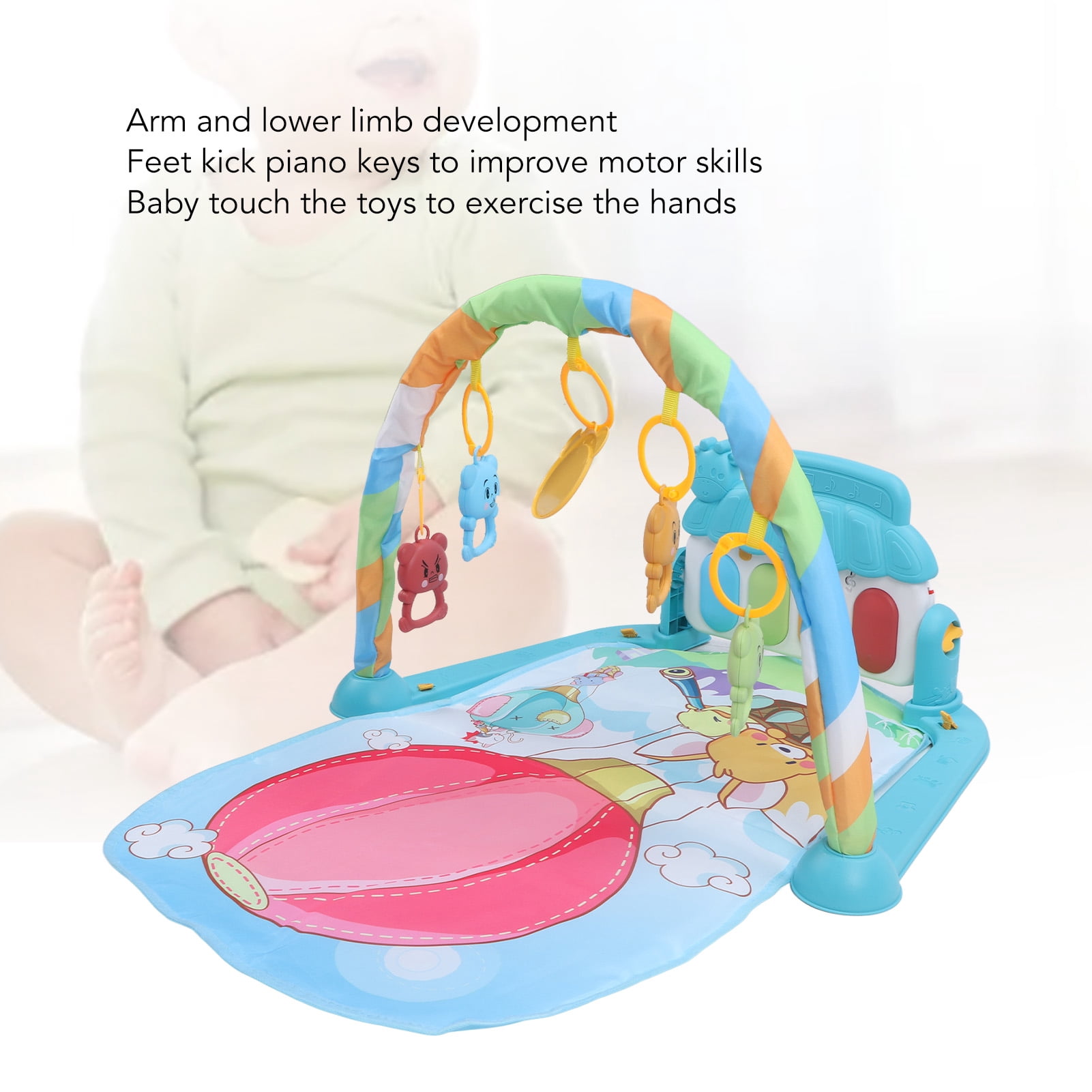 BIMZUC Baby Gym Play Mat Learning Sensory Sound Infant Kick Play Piano Mat Toy for Newborns Balloon Pattern Tummy Time Activity Center with Hanging Toys Portable Design 17.32 inches / 44 cm