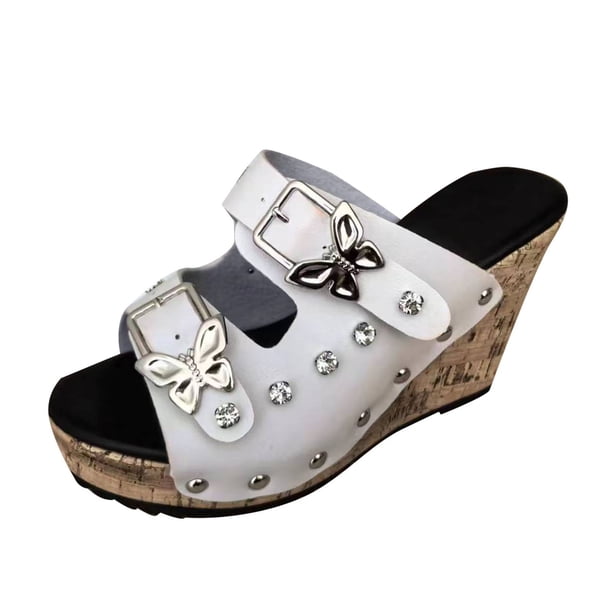 Bmisegm Women's Slope High Heel Sandals Fashionable Solid Color Sandals Sandals Women Summer White 8