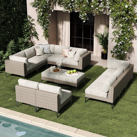 LayinSun 12-Piece Wicker Rattan Patio Furniture Set, Deep Seating Outdoor Modular Sectional Sofa Conversation Set with Thick Cushions for Lawn, Garden