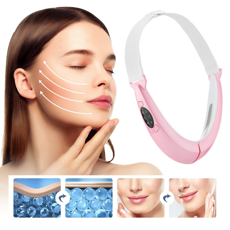 V-Face Lifting Device,V- Face Shaping Massager,Double Chin Reducer,  Breathable Lift Belt, Red Blue LED Photon Face Slimming Vibration Massager Facial  Lifting Device,Pink 