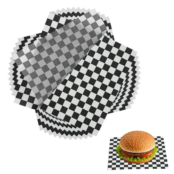 Uxcell 150 Pcs Wax Paper Sheets for Food, 7 x 7 Inch Greaseproof Wrapping Paper Sheets, Checkered Square Food Basket Liners for Sandwich Hamburger Bread, Black