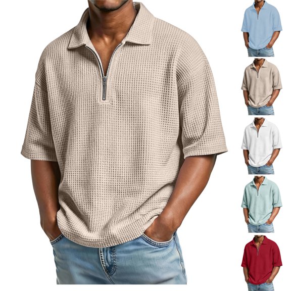 HAJWOH Mens Quarter Zip Golf Polo Shirts Casual Short Sleeve Waffle Pullover Sweater Top Light Outdoor Sport Shirt