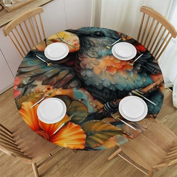 BANET Round Tablecloth with Elastic Edge Bird Floral Fitted Table Cover Waterproof Table Cloth for Round Table Indoor Outdoor Tablecloths for Picnic Party Wedding 42"-46