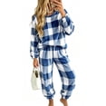 thumbnail image 2 of Edvintorg Matching Sets Women Plaid Loungewear 2 Piece Crew Neck Top and Cuffed Pant Long Sleeve Pajamas Loose Fleece Pjs Clothes Women Blue M, 2 of 6