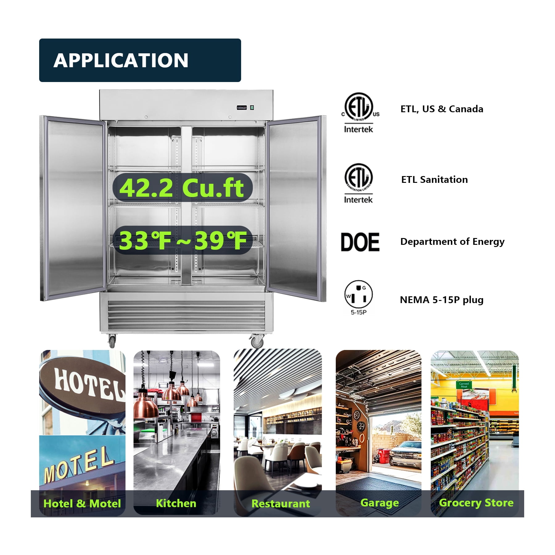 54"W 2 Section Reach-in Commercial Refrigerator 42.2 Cu.ft. Upright Fan Cooling Refrigerator for Restaurants and Commercial Environments