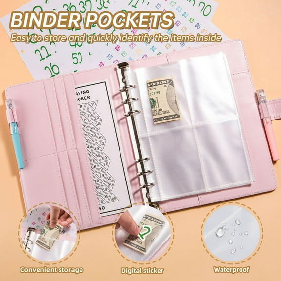 Money Savings Binder Kit - A5 PU Leather Binder with 100 Envelope Slots, Money Saving Challenge Notebook, Budget Planner Book for Budgeting, Motivational to Save $5050 - Black, Pink