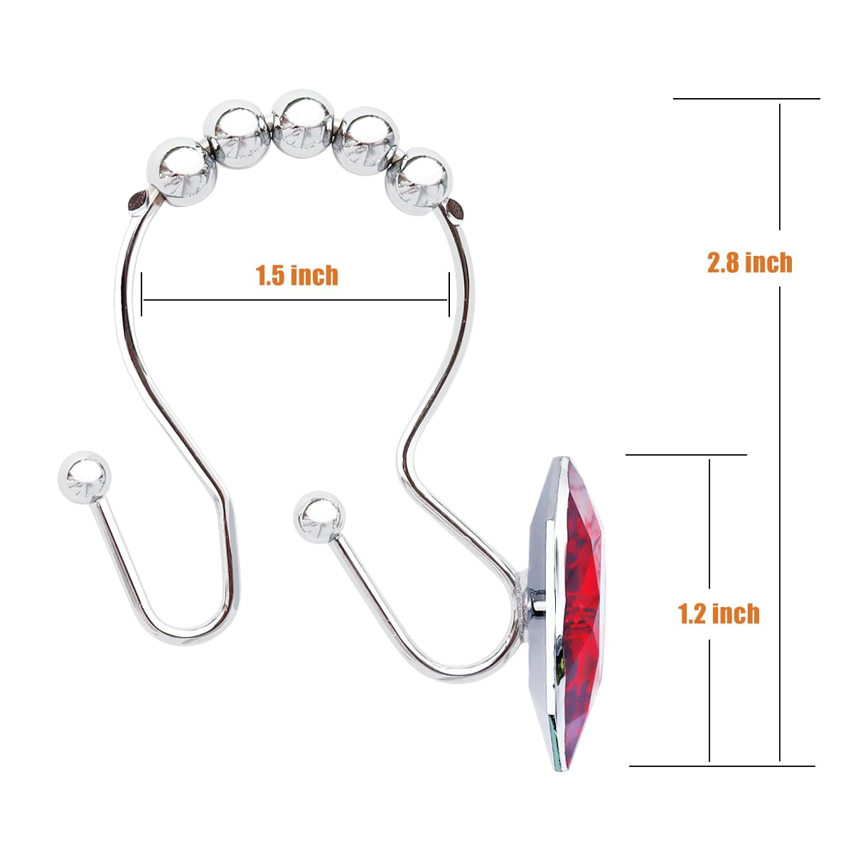 Bathroom curtain hook rings, 12-pack, heart-shaped stainless steel rust-proof decorative rhinestone shower curtain rings (single hook, transparent).