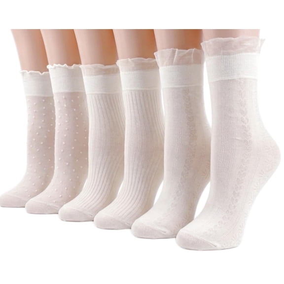 Foxkoloh 6 Pairs White Ruffle Socks For Women, Cute Frilly Sheer Lace Socks