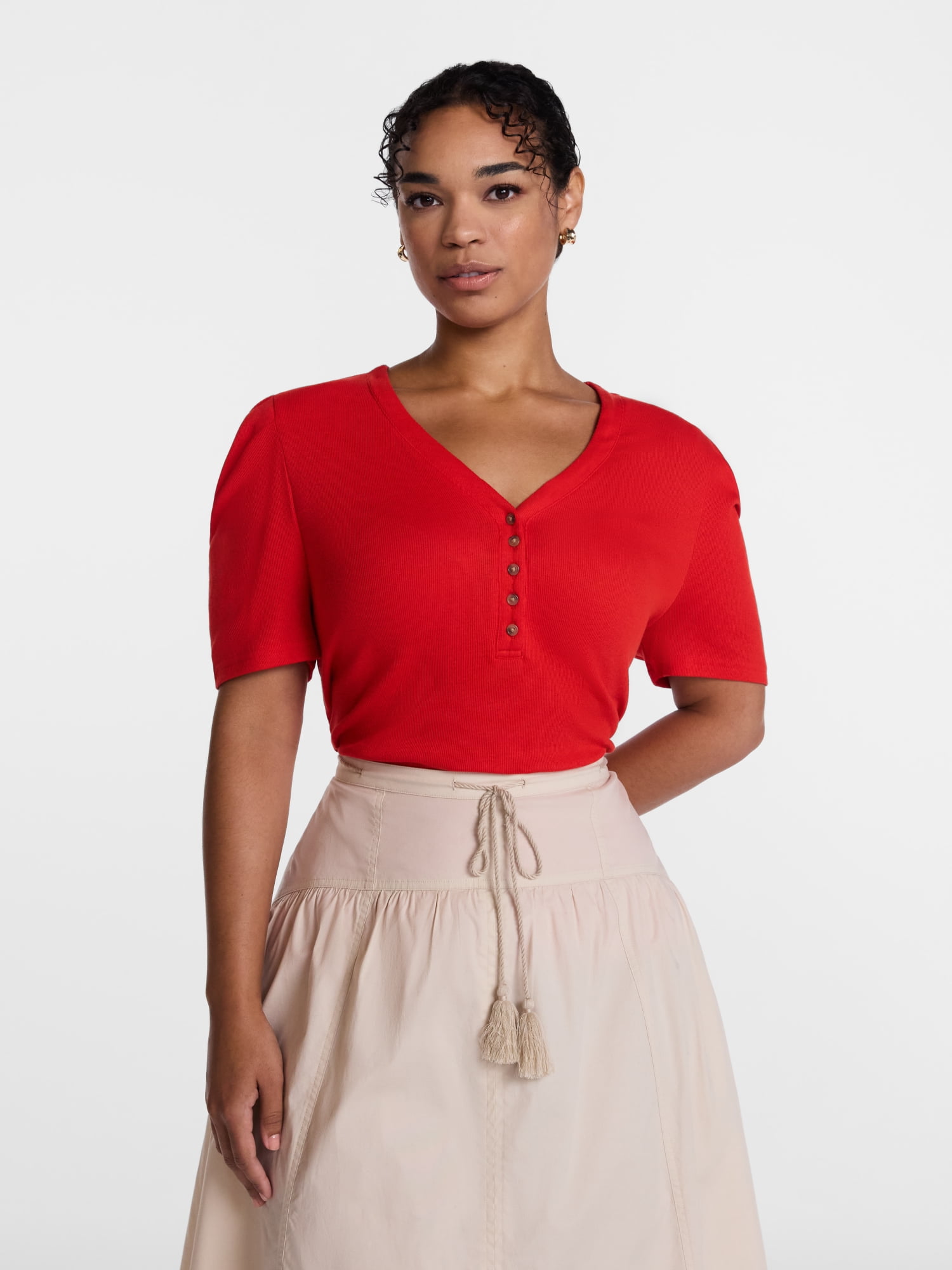 Scenario Women's V-Neck Henley Top with Short Puff Sleeves, Sizes XS-XXXL