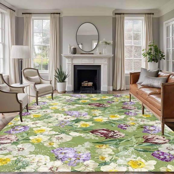 Large Area Rugs for Living Room Bedroom, Green Botanical 8'x10' Rug Washable Carpet Runner Indoor Outdoor, Spring Floral Summer Botanical Rustic Non Slip Floor Mats Rug for Kitchen, Patio