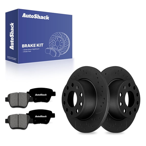 AutoShack Rear Brake Rotors & Premium Pads for Volkswagen, Jetta 2010-2014, FWD L4 1.4L 1.8L 2.0L L5 2.5L - E-Coated Drilled & Slotted - Black Finish - NightGuard - 10.7" (271.8 mm), 9-Lug