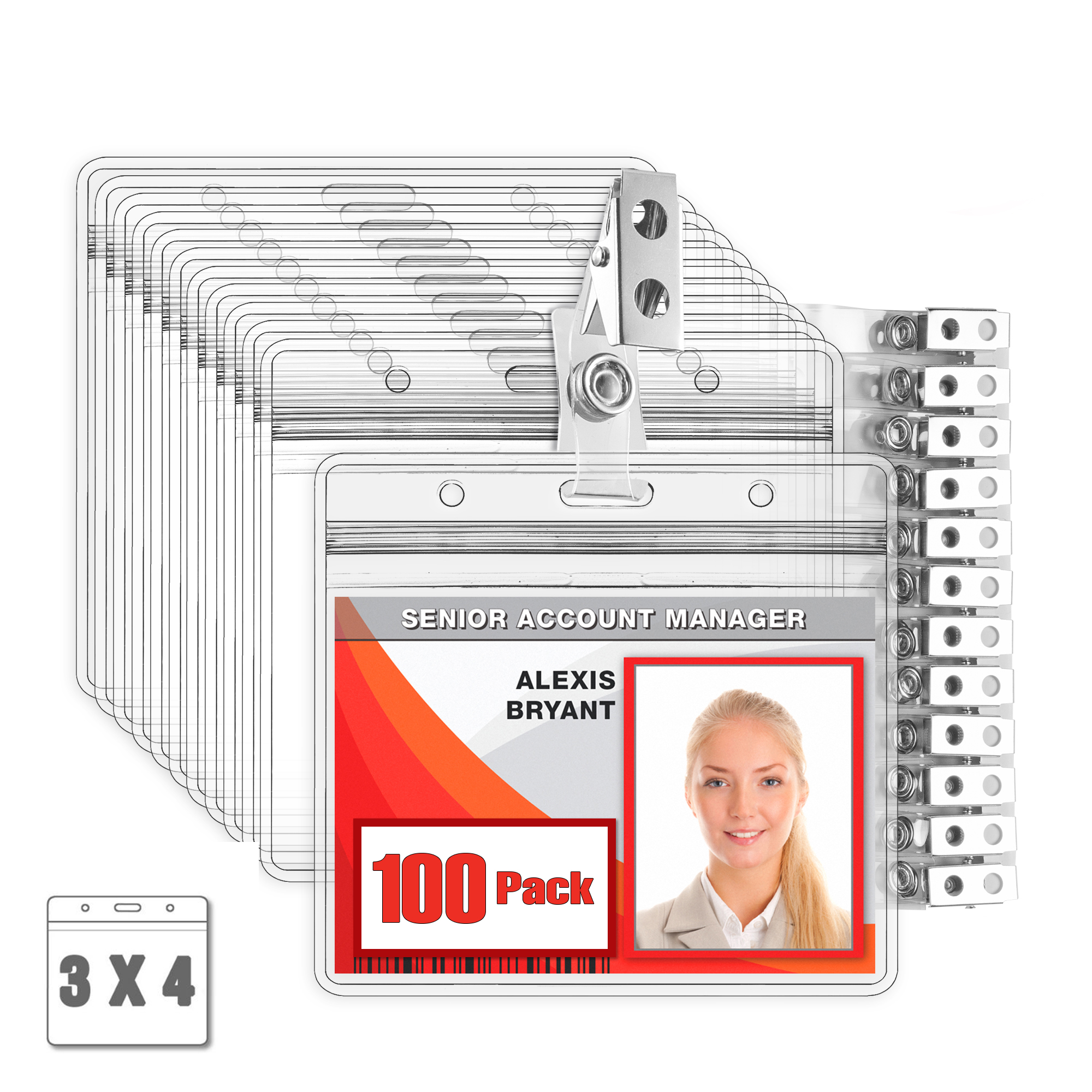 Mifflin 3" x 4" Clear Horizontal ID Badge Holders with Metal Clips, 100