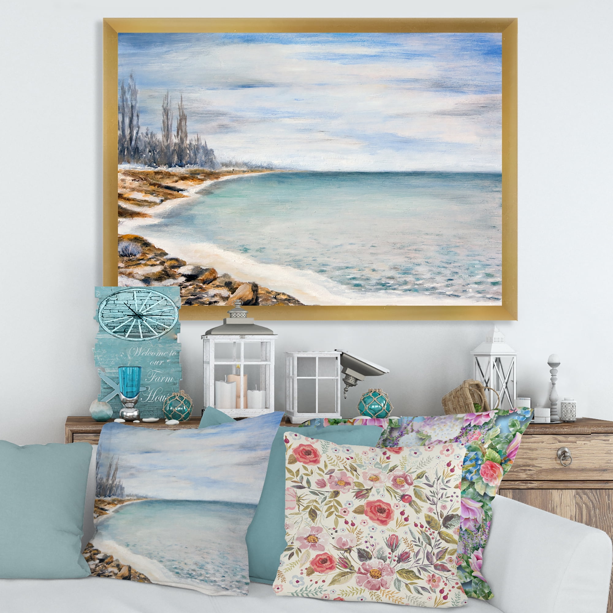 Designart 'Beach Is Covered With Ice' Nautical & Coastal Framed Art Print