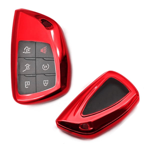 Glossy Red Finish TPU Key Fob Protective Case w/Face Panel Cover, For 2021-up Chevy Suburban/Tahoe, GMC Yukon 3B-6B Smart Key