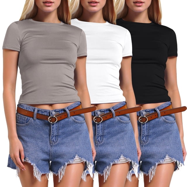 T-Shirts Stylés pour Femmes / Chemise à Manches Longues Superposée Col Roulé pour Femmes Pack 3 Pcs Chemise à Manches Courtes Femme Manches Longues Polyester T-Shirt Femme Ajusté Crop Tops Col Roulé
