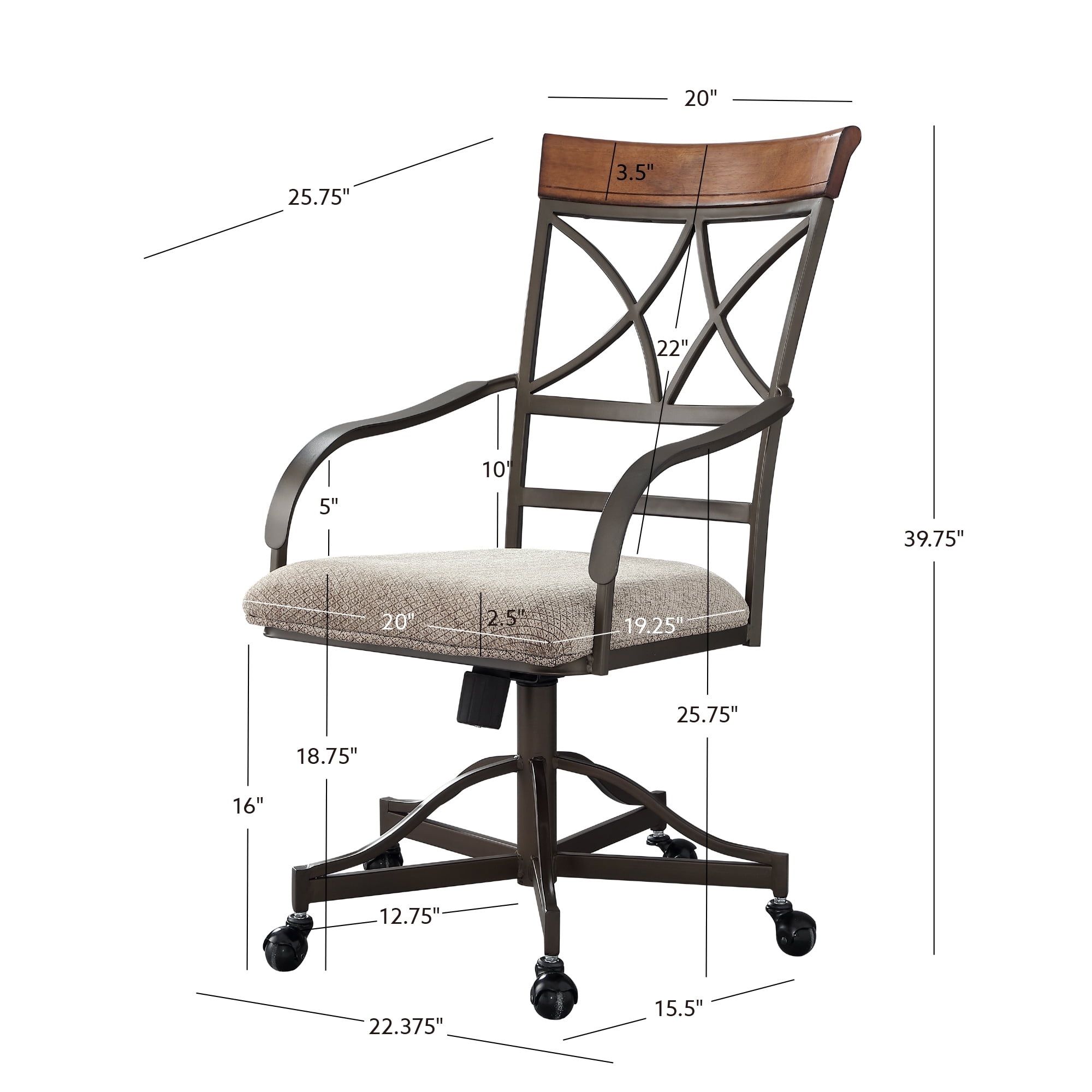 Powell Roselyn 5-Piece Dining Set with Rolling Swivel-Tilt Chairs, Brushed Faux Medium Cherry Wood with "Matte Pewter and Bronze" Metal