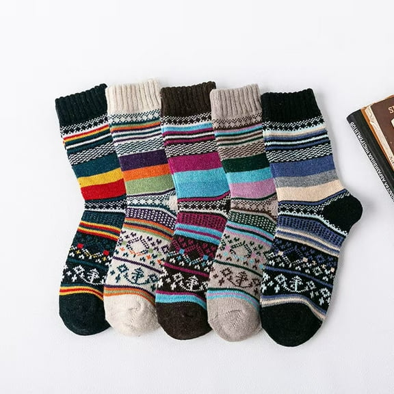 Namzi 5 Pairs Wool Socks Vintage Soft Cabin Warm Socks Thick Knit Cozy Winter Socks-Black streak