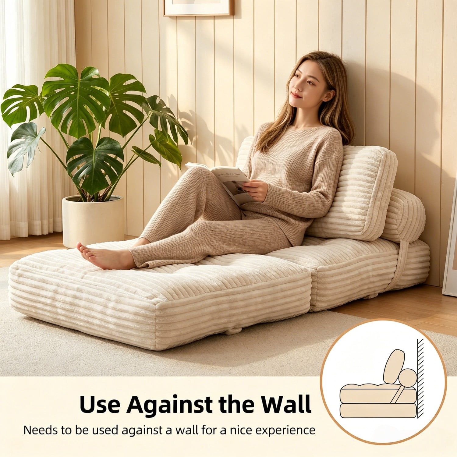 Folding Sofa Bed, Convertible Sleeper Chair with Pillow, Foldable Floor Couch Bed with Back Support, Portable Lounge for Living Room Bedroom, Beige
