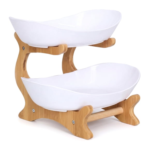 2 Tier Fruit Basket for Kitchen Counter, White Plastic Fruit Bowl Tray