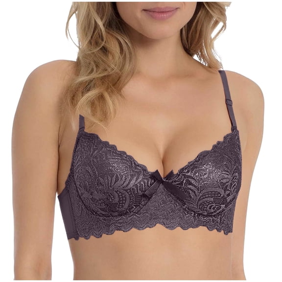 Iugvhana Women's Push Up Lace Bra Lightly Padded Underwire Plunge T-Shirt Bra Lift Up Adjustable Strap Comfortable Everyday Bras Purple M