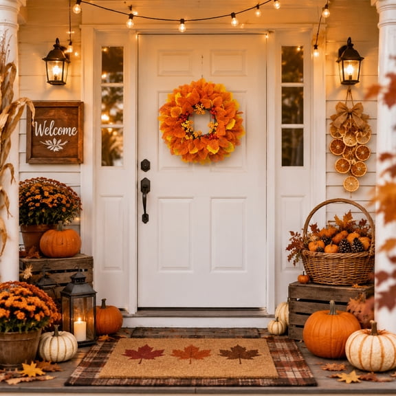 Artificial Maple & Berry Fall Harvest Wreath, Autumn Hanging Ornament, Front Door & Porch Wall Decor, Wreath for Thanksgiving, Autumn Indoor Outdoor Scene Decoration (16.93*16.93in)