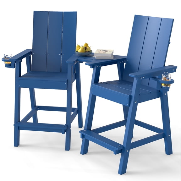 Tall Adirondack Chair Set of 2, HDPE Balcony Chair with Double Connecting Tray, Outdoor Weather Resistant Adirondack Chair, Navy Blue