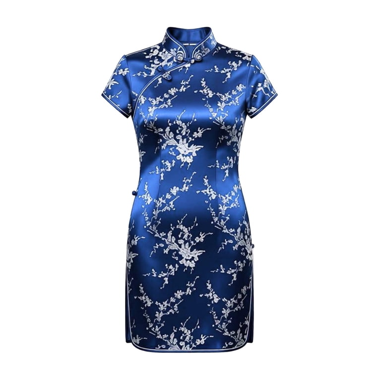 navy blue cheongsam dress Navy Blue Chiffon Qipao / Cheongsam Dress in Printed Leaf
