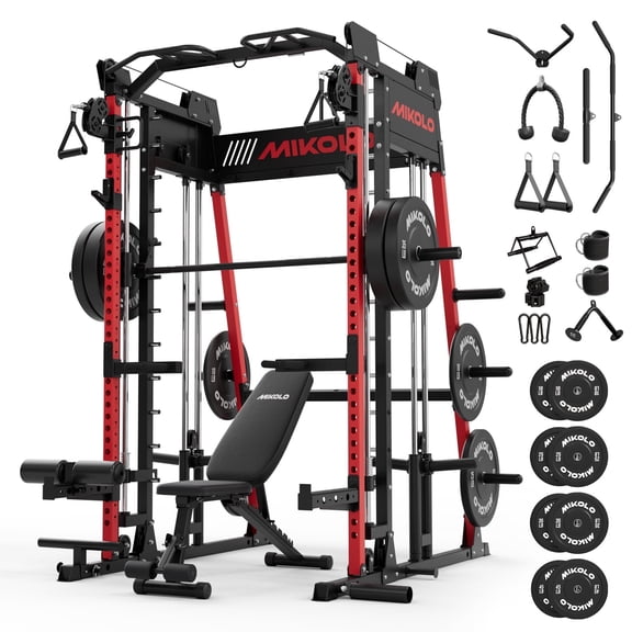 Mikolo M11 Smith Machine, Complete Starter Home Gym Package, 2200 lbs Power Rack with 230LBS Plates and Weight Bench, Total Body Strength Training Cage