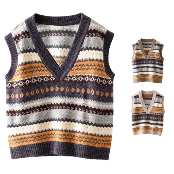 Jane Wardrobe Womens Sweater Vest, V Neck Fair Isle Jacquard Knit Sleeveless Pullover Vintage College Loose Layering Waistcoat 3 Colors S-XL True To Size