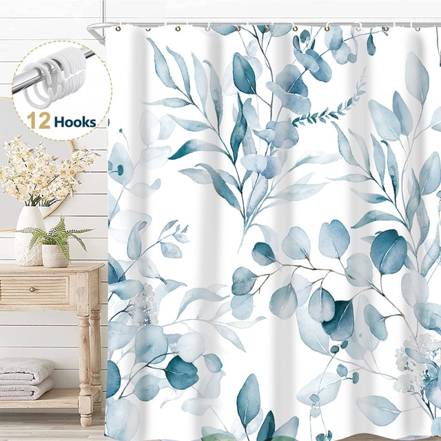 Cortina de Ducha Azul Dznils con Estampado Botánico Acuarela, 12 Ganchos, 72" x 72"