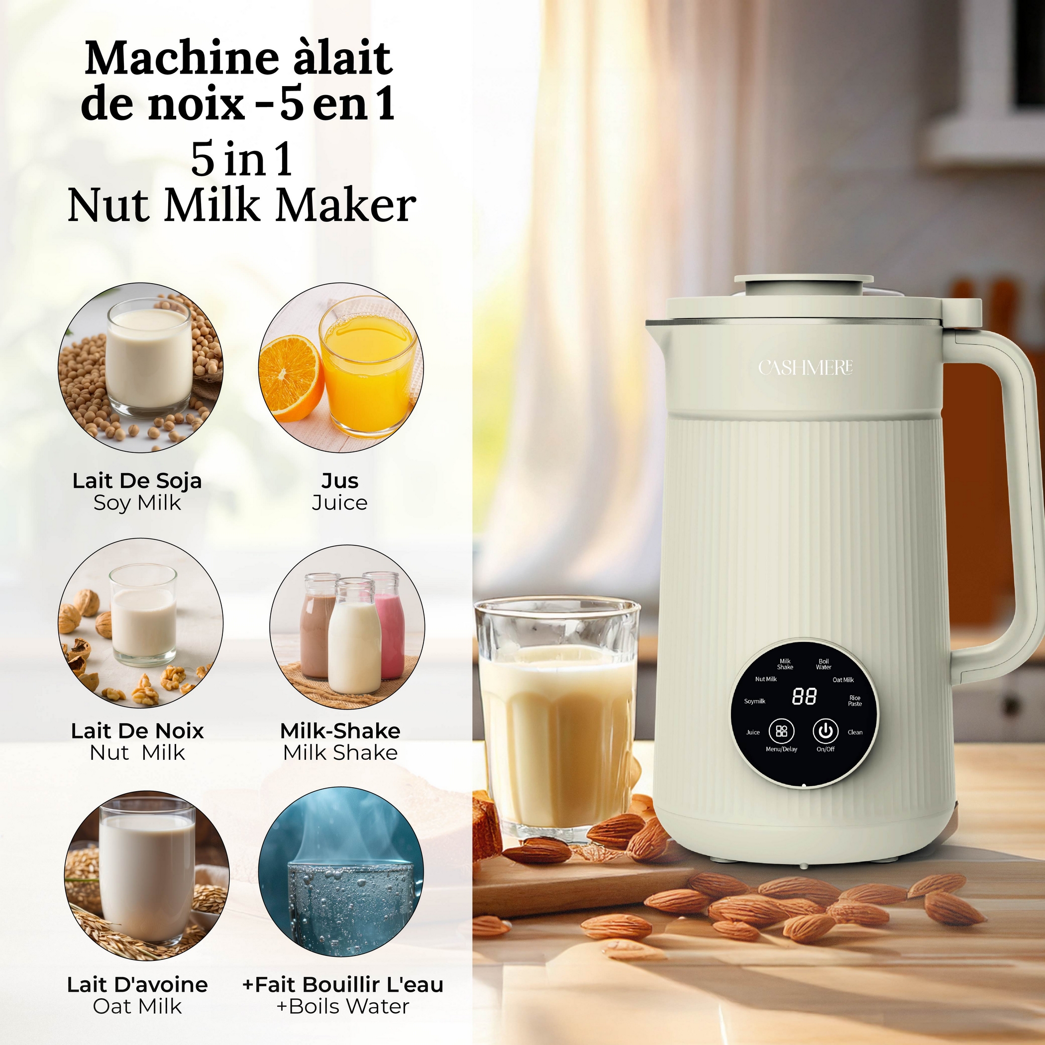 Machine à Lait Végétal 8 En 1 Automatique - 1200 Ml, Démarrage Différé, Autonettoyant - Pour Lait D'amande, Soja, Smoothie - 5