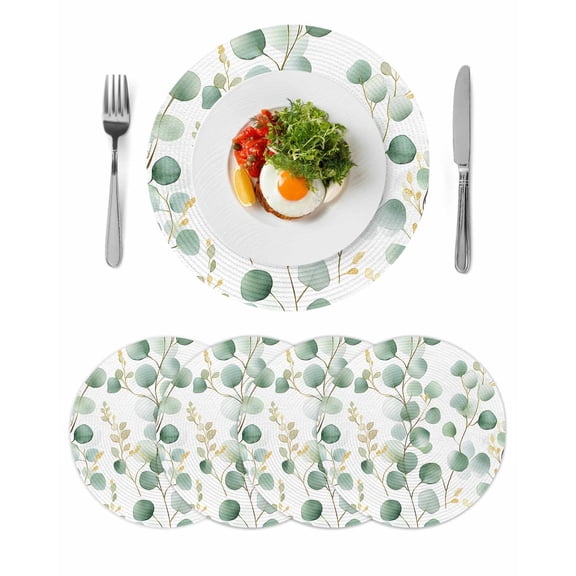 Minimalist Watercolor Round Table Placemats set of 4, Eucalyptus Leaves Print Washable Woven Place Mats for Dining Tables Kitchen Party Decor,Heat Proof, 13in, Green