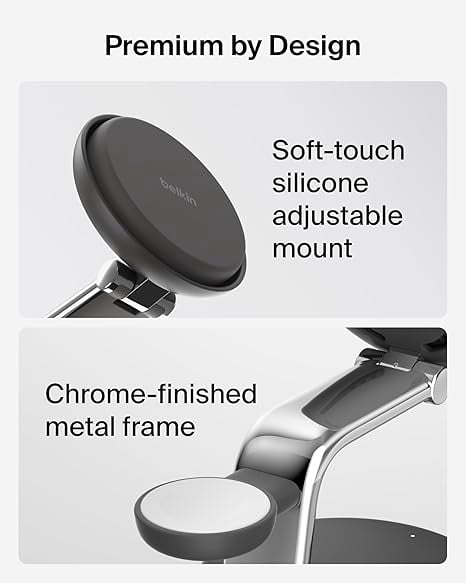 Belkin MagSafe Charger Compatible, 3-in-1 Qi2 Wireless Charging Dock 25W, Adjustable Wireless Charger for iPhone 17, Apple Watch, AirPods, Desktop Phone Stand w/ 45W Adapter - Charcoal