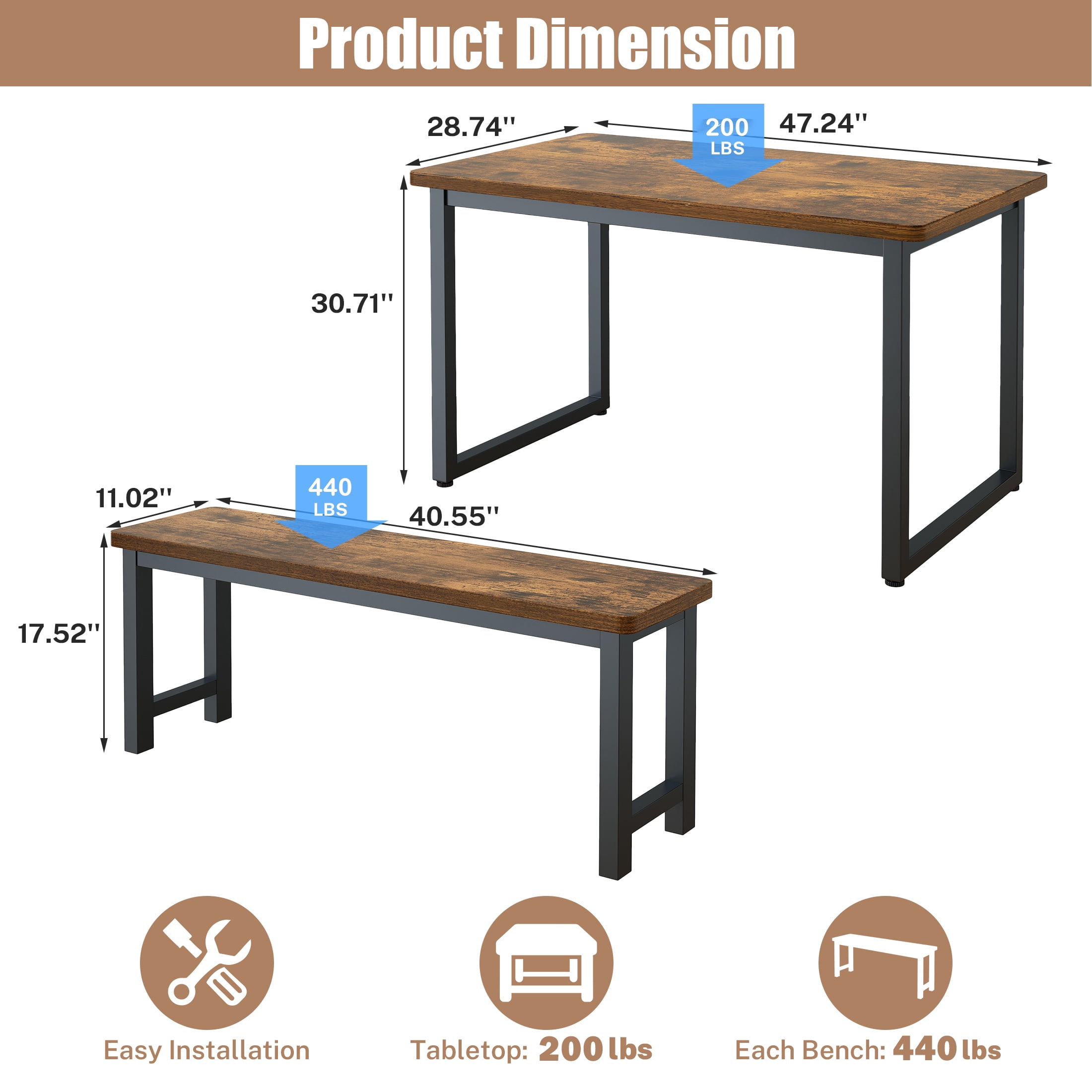PAPROOS Dining Table Set for 4, 3-Piece Kitchen Table Set with 2 Benches, Dining Room Table Set with Metal Frame, Breakfast Nook Furniture Set for Home Cafeteria Bar Dining Room, Brown