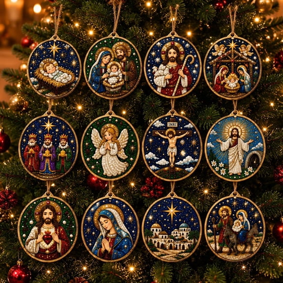 #A-12pcs Sparkle Tree Ornaments, 12PCS Christmas DIY Pearl Diamond Art Kit, Hanging Diamond Painting Christmas Tree Decor Craft with Twine