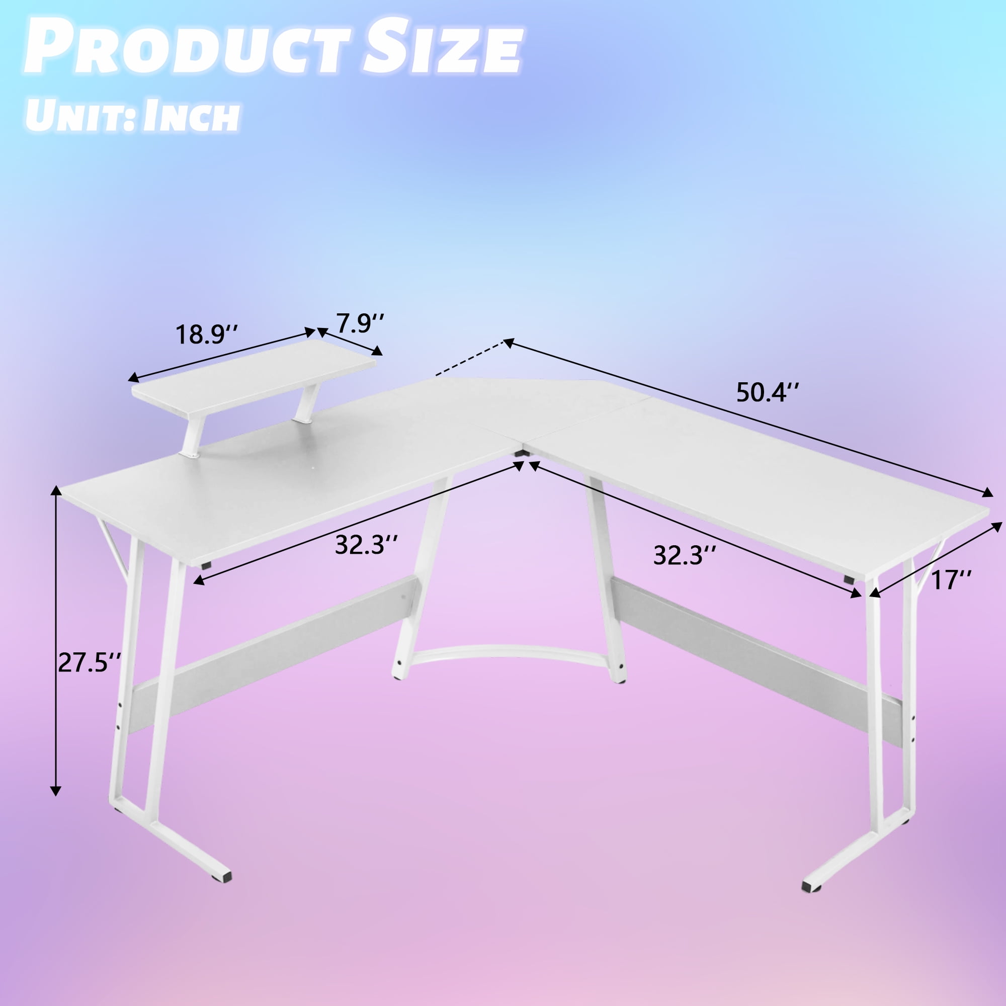YRLLENSDAN Adjustable Feet L Shaped Gaming Desk with Monitor Stand, White
