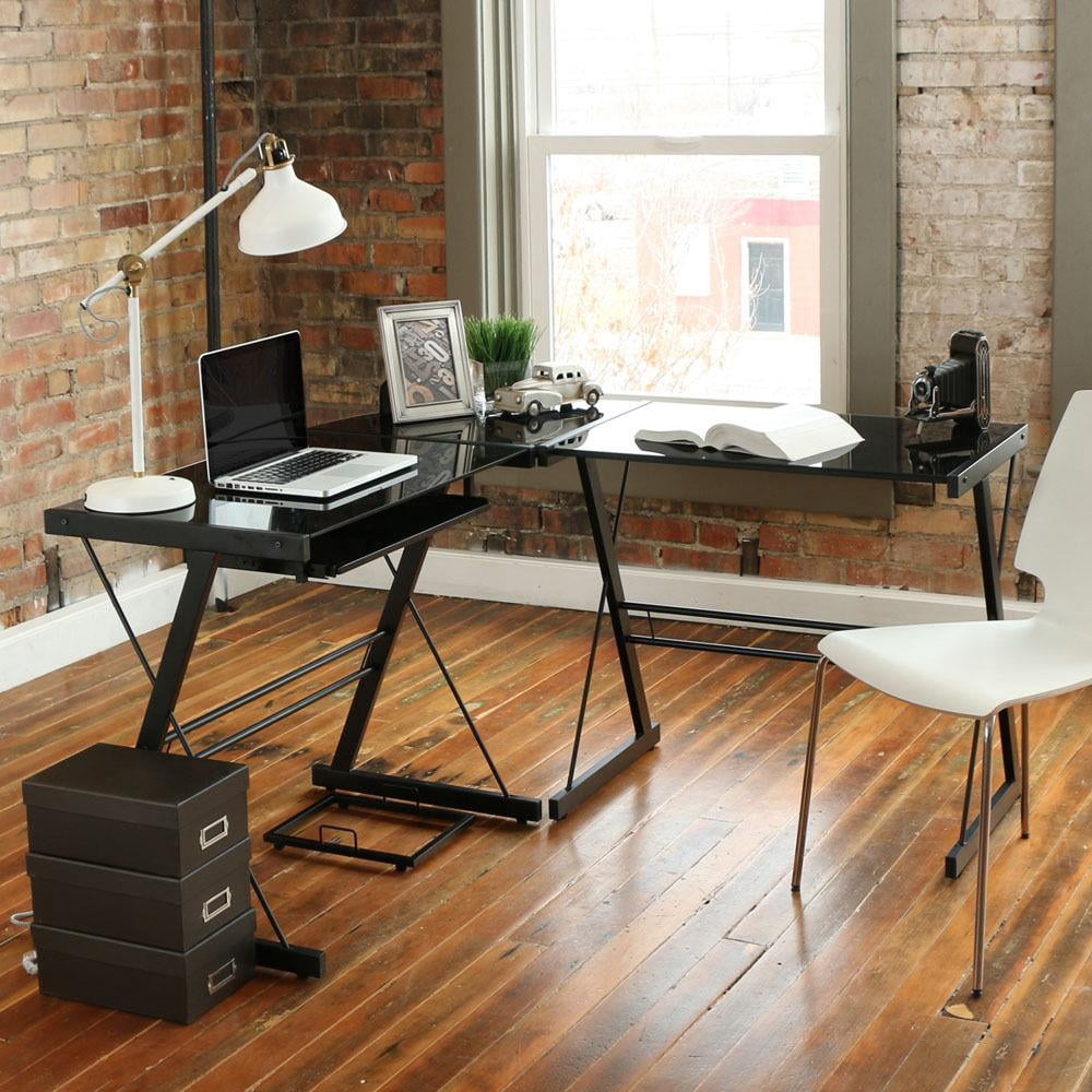 Ktaxon L-Shaped Corner Computer Desk, Black Glass PC Table