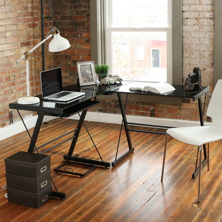 テーブル・机 Teekanne Ktaxon L-Shaped Corner Computer Desk, Black Glass PC Table