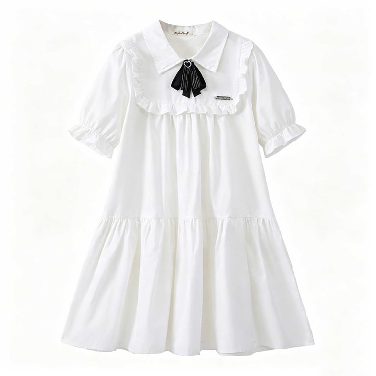 Bixock Girls School Uniform Dress with Pleats Cotton Short Sleeve Print Plaid Collar Loose Breathable Kids Dresses for Ages 5-15 Years