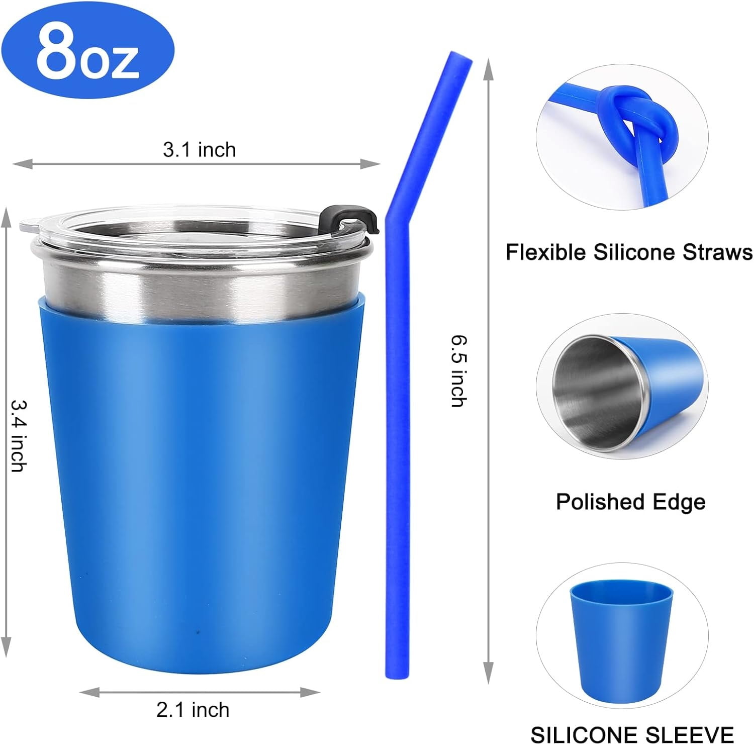 Flantor Kids Cups with Straws and Lids, 8 oz Leak-Proof Stainless Steel Tumblers, Set of 5
